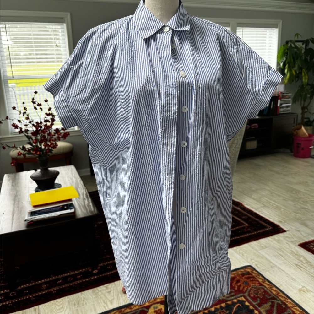 Lafayette 148 New York Blue and White Casual Button Down Shirt